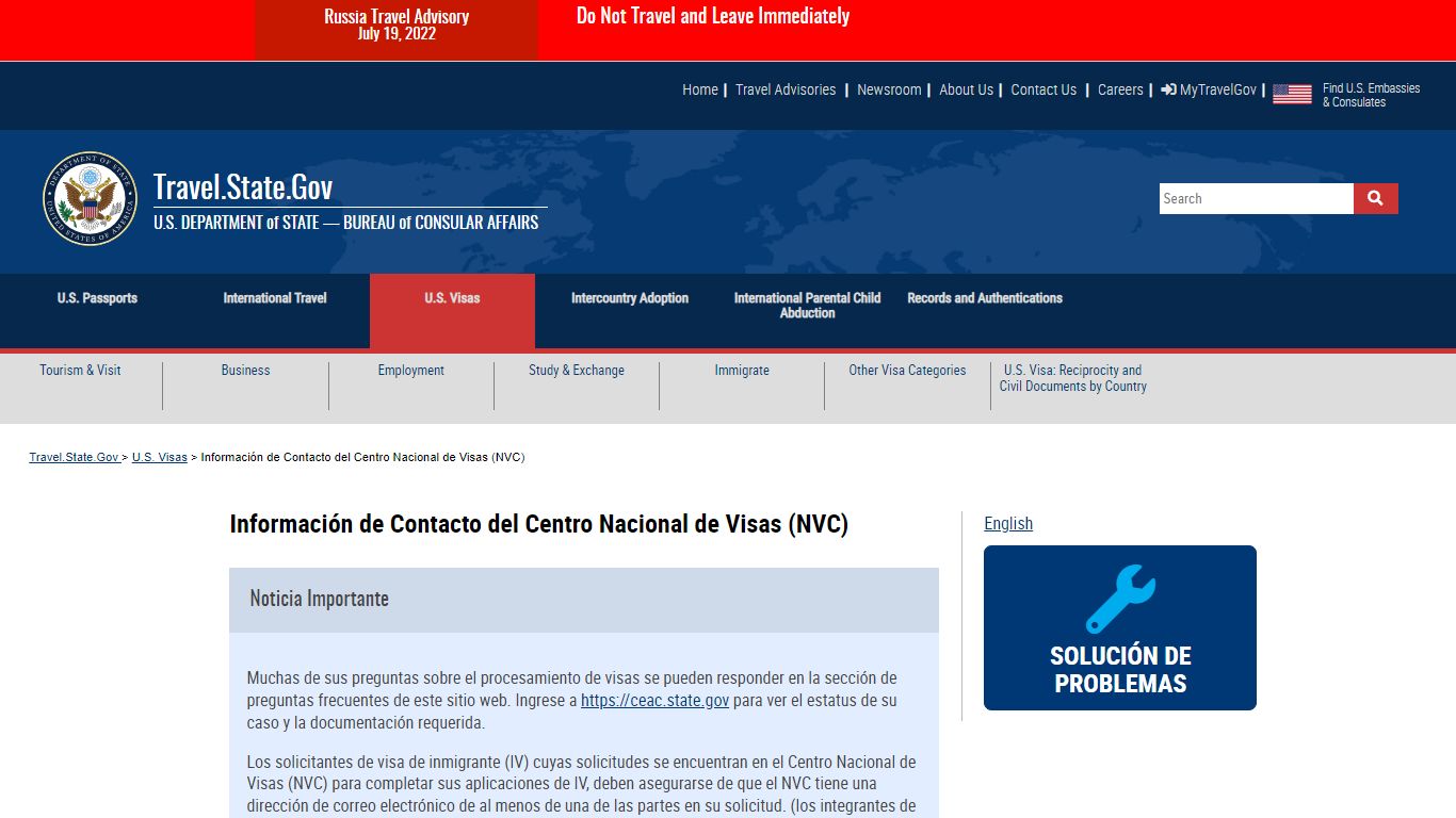 Información de Contacto del Centro Nacional de Visas (NVC)